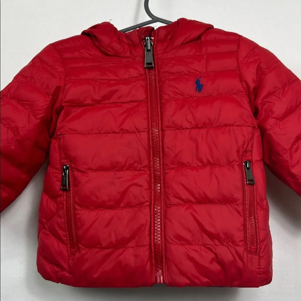 Ralph Lauren Vibrant Red Puffer Jacket with reversible blue EUC 9 months